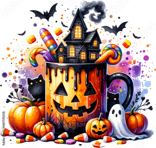 Halloween Mug with Haunted House and Candies