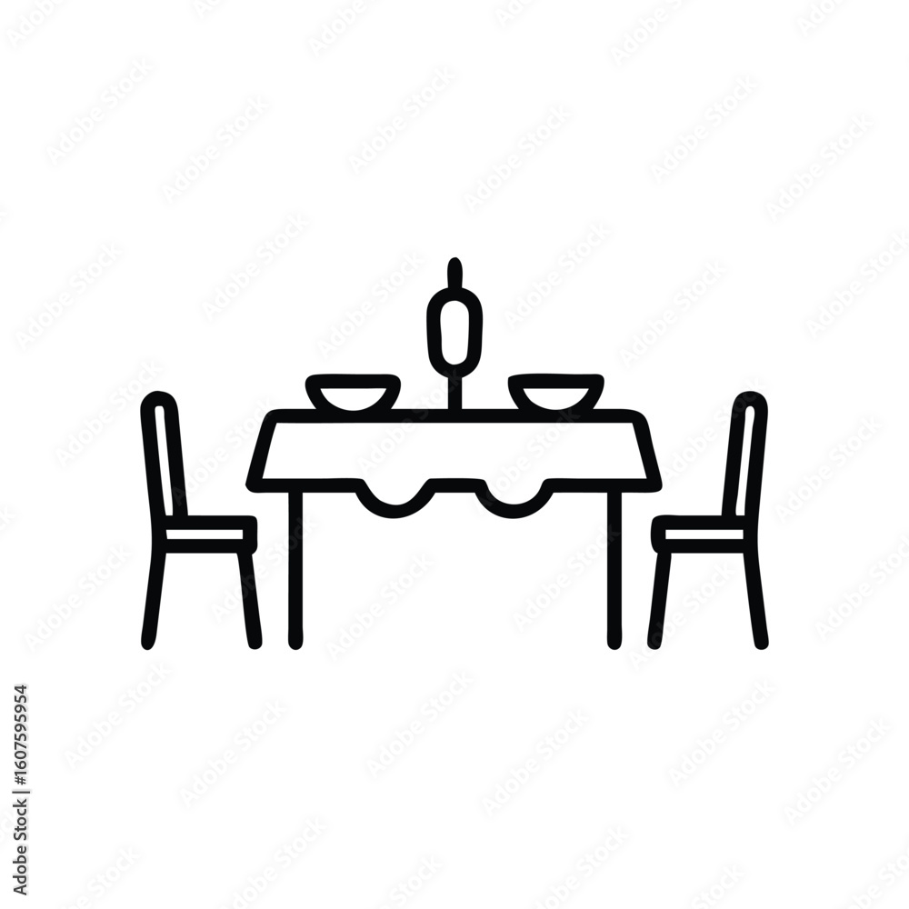 Minimalist outline dining table with two chairs bowls food Minimalist outline dining table with two chairs bowls food