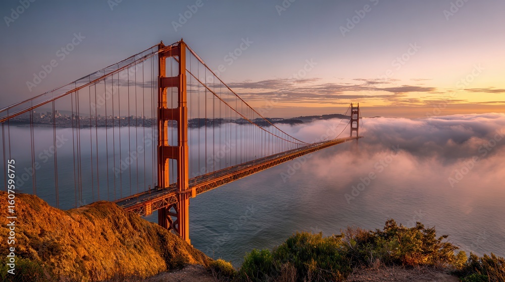 Obraz premium Sunset view of the Golden Gate Bridge and fog from Battery Spencer, Golden Gate National Recreation Area, in San Francisco, California., no logos, no brands