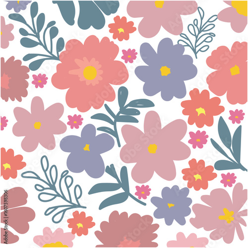 Whimsical pastel floral pattern with blooming flowers and greenery on white background.A delightful seamless pattern featuring a variety of soft pastel colored flowers and delicate green leaves.