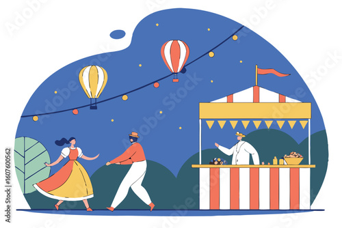 A street festival with hanging lights, food stalls, balloons, and traditional dance performances in the evening, modern flat illustration style