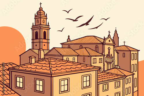 Sunrise over Porto rooftops with terracotta tiles glowing orange, birds flying, and early risers heading to work, modern flat illustration style