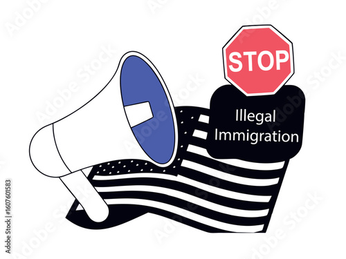 Stop illegal immigration concept with megaphone and stylized American flag, flat vector illustration