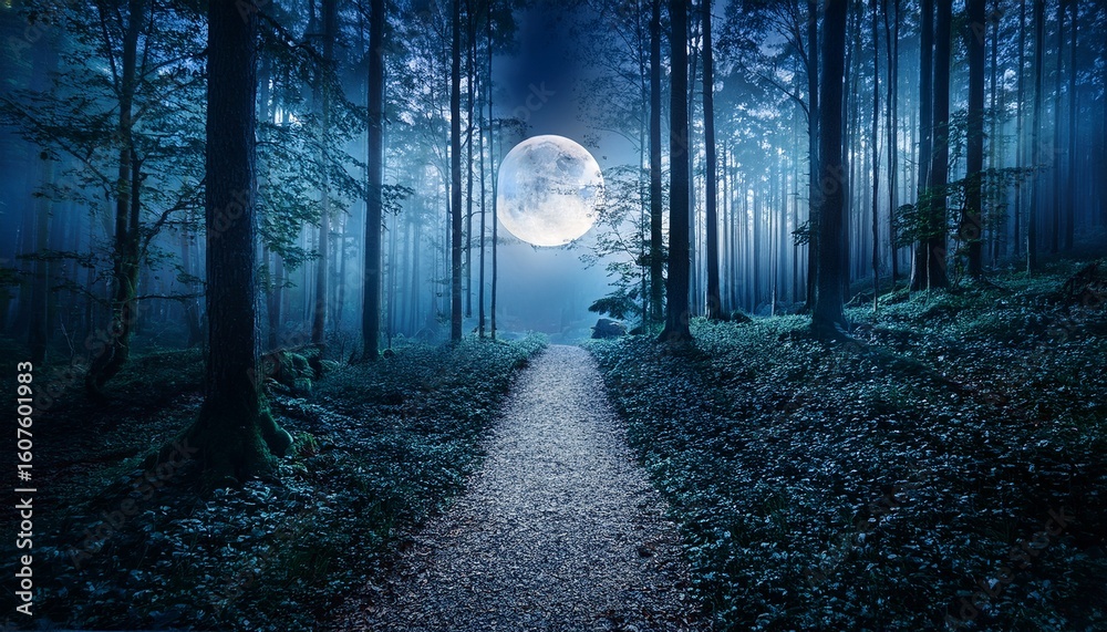 Naklejka premium moonlit path through a serene forest at night with soft illumination and tranquil atmosphere generative ai