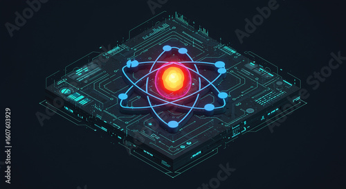 Glowing Atom on Futuristic Circuit Board; Quantum Computing, Tec