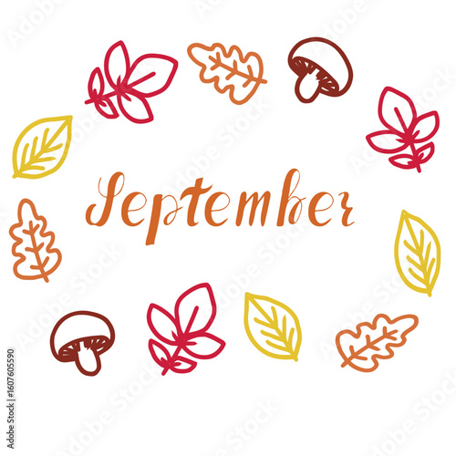 September Lettering with Autumn Leaves and Mushrooms