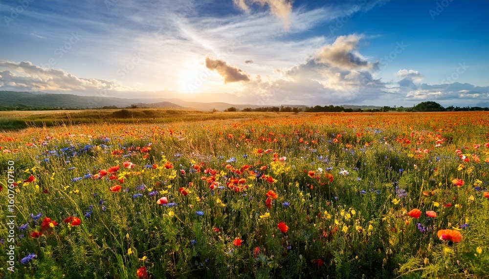 Obraz premium untamed expanse of natural field bursts with an explosion of vibrant plant life each species adding its own unique touch to these sprawling open spaces