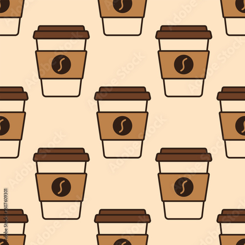 Coffee cup seamless pattern vector illustration. Repeating background tile design element. Endless backdrop template. Fashion print, textile texture. Wrapping gift paper.