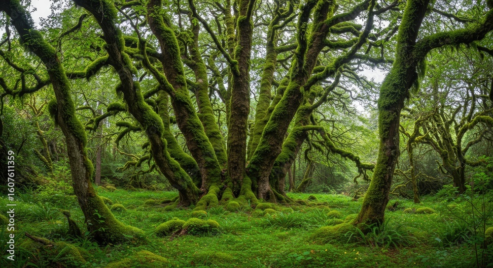 Naklejka premium Enchanting Moss-Draped Ancient Forest: A Mystical Grove of Intertwined Trees