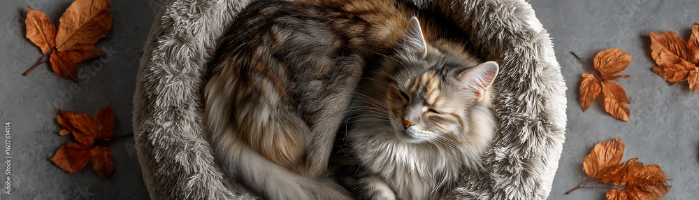 Fototapeta premium A fluffy cat is sleeping comfortably on a donut-shaped bed made of soft fabric, top view