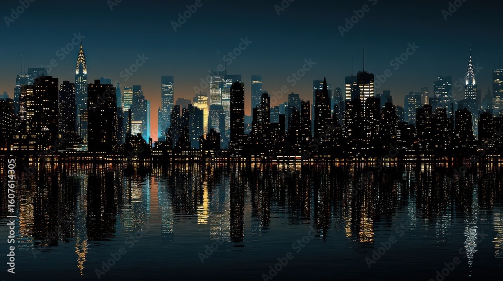Fototapeta premium New York City Skyline Silhouette: Night Cityscape Image