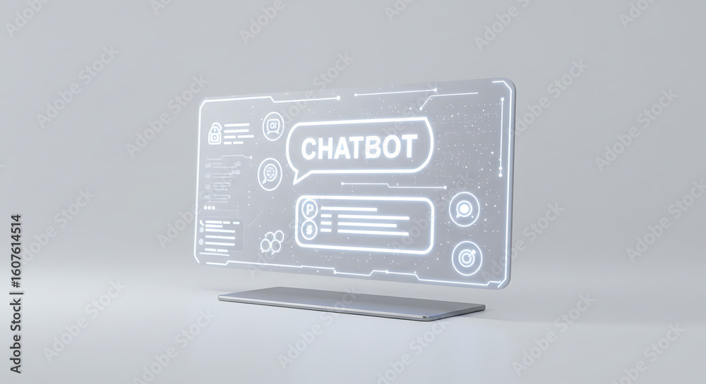 Fototapeta premium Futuristic Chatbot Interface: A digital holographic chatbot interface, showcasing advanced technology, represents seamless customer service, support, and artificial intelligence assistance. 