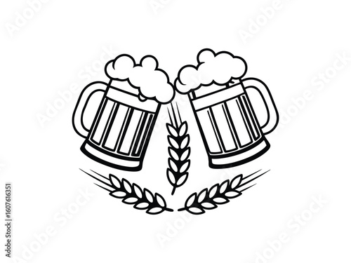 Clinking Beer Mugs with Barley Ears Vector Illustration

