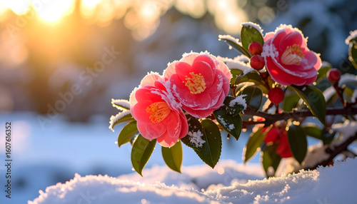 Pink camellia flowers in winter snow