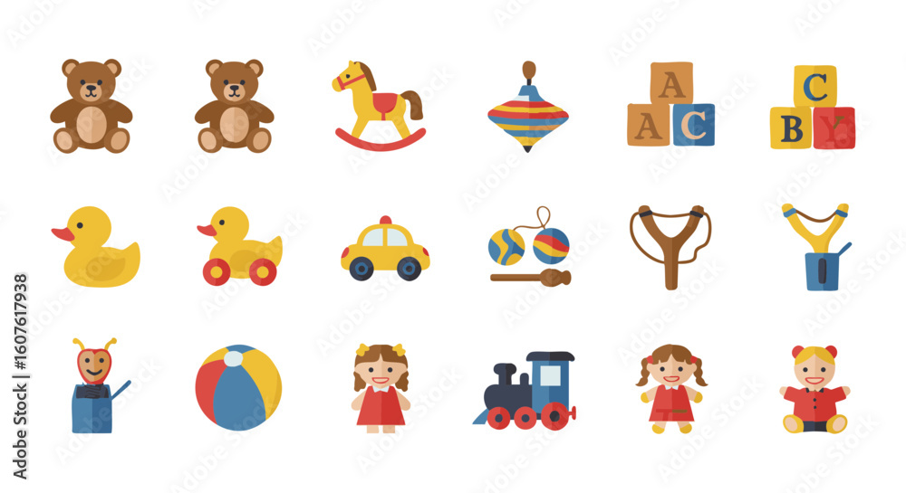Fototapeta premium Classic children’s toys flat icon set, 15 items