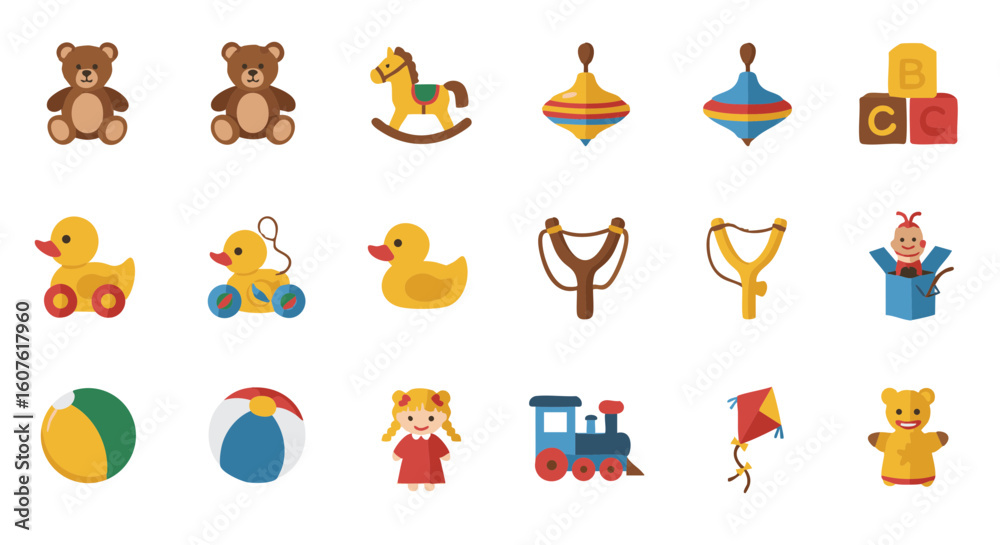 Fototapeta premium Classic children’s toys flat icon set, 15 items