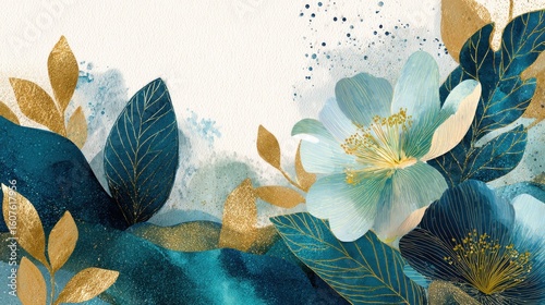 Winter background vector. Hand painted watercolor and gold brush texture, Flower and botanical leaves hand drawing. Abstract art design for wallpaper, wall arts, cover, wedding and. invite card. , no