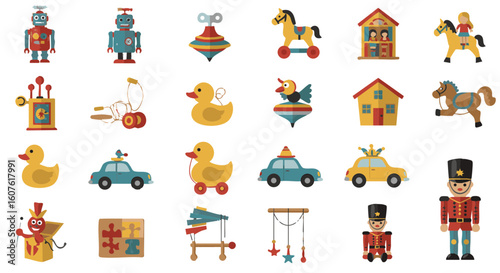 Vintage toys flat icon collection, 15 nostalgic elements
