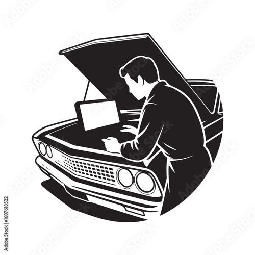 Man inspecting a car engine with hood open in black and white vector
