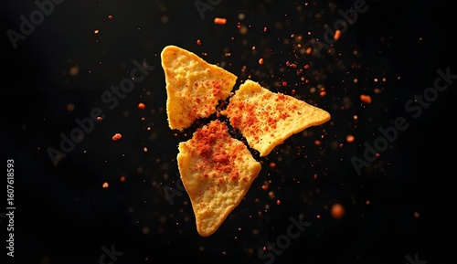 cracked triangle nachos doritos chip in mid air with red chili power sprinkle in black background