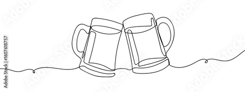Continuous vector line Two glasses of beer clinking together on transparent background. editable stroke.
