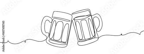 Continuous vector line Two glasses of beer clinking together on transparent background. editable stroke.
