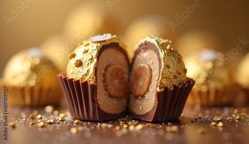 half cut luxury ferrero rocher chocolate with gold sprinkle on top