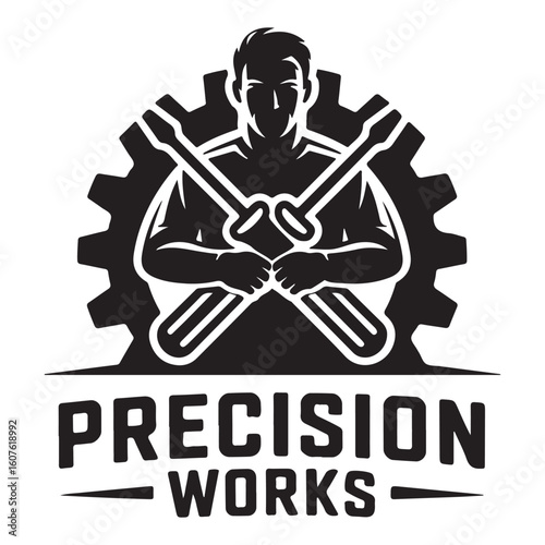 Silhouette of person with screwdrivers and gear for precision works