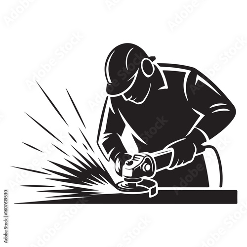 Silhouette of worker grinding metal with sparks flying in black and white