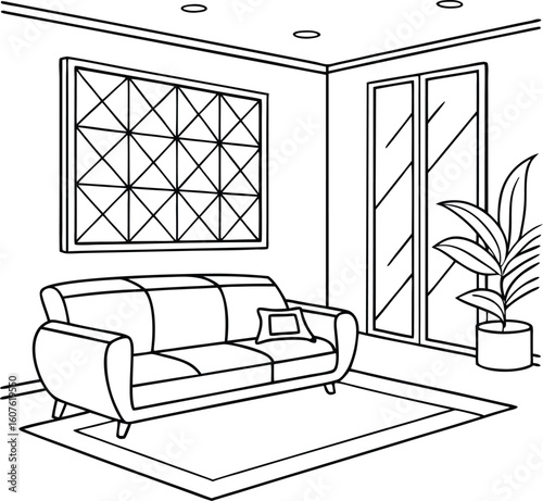Modern minimalist living room with sleek sofa indoor plant and wall art coloring page