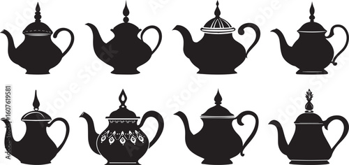 Old arabic teapot icons set. Black silhouettes of dallah coffee pots, showcasing arabian tradition and hospitality
