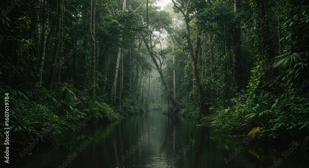 Fototapeta premium Serene Amazonian River: Lush Greenery and Reflections in Still Water