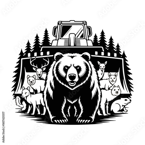 A powerful illustration depicts a bear and various forest animals confronting a bulldozer amidst a backdrop of trees, symbolizing deforestation and habitat loss