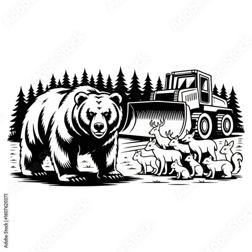 A powerful bear confronts a bulldozer and fleeing deer amidst a dense forest, symbolizing environmental conflict