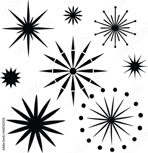 Collection of starburst silhouettes isolated on white background