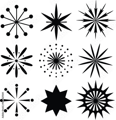 Collection of nine starburst and star shapes silhouette isolated on white background