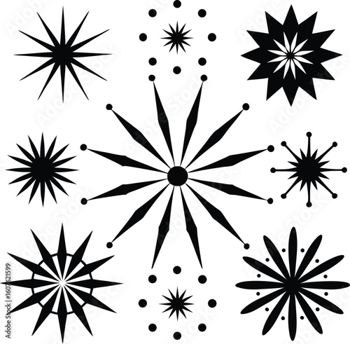 Collection of starburst and star shapes silhouette isolated on white background