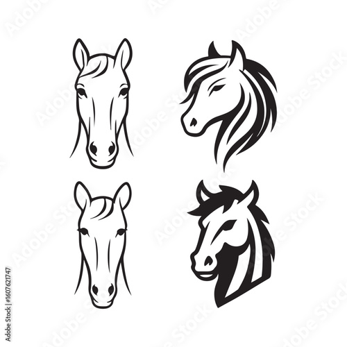 Set of Horse Head Vector Icons in Black Silhouette Style