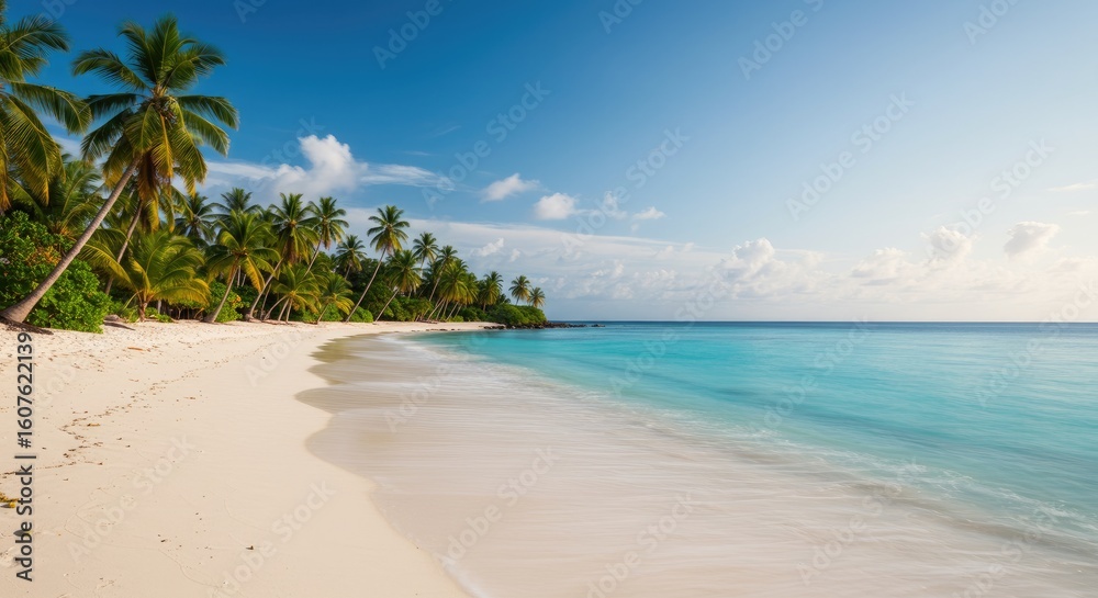 Tropical Paradise: Palm-Lined Beach with Turquoise Waters and Blue Sky Tropical Paradise: Palm-Lined Beach with Turquoise Waters and Blue Sky