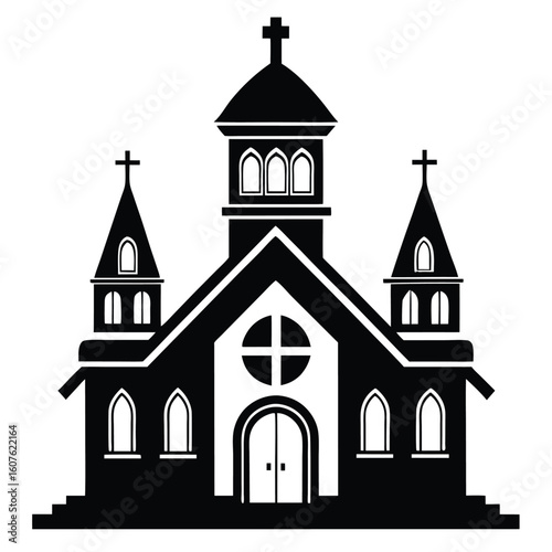 Elegant Monochrome Church Illustration Featuring Crosses, Spires, and Detailed Architectural Elements