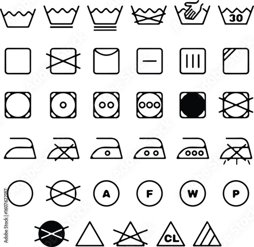 Comprehensive Set of Universal Laundry Care Symbols and Detailed Washing Instructions, Essential for Product Labeling, Textile Graphics, and Informative Designs, Scalable Vector.