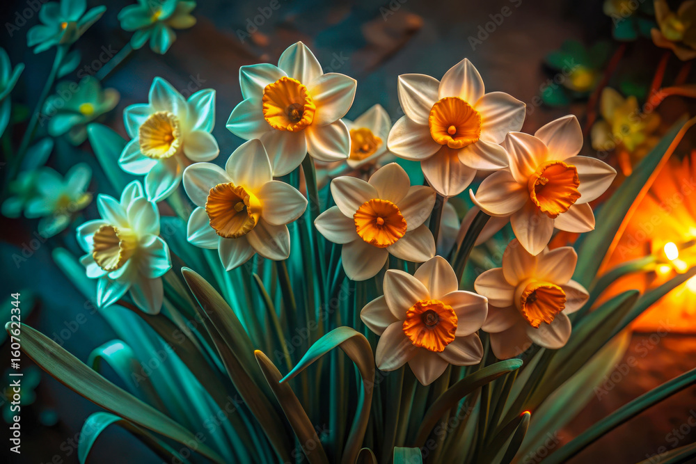 Fototapeta premium Closeup of white daffodils with vibrant orange centers