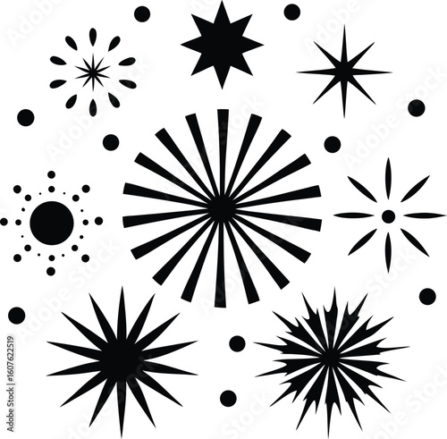 Collection of starburst and star shapes silhouette isolated on white background