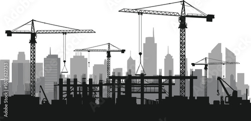 Urban construction site silhouette, multiple cranes and buildings in progress, illustrating development, infrastructure, and growing metropolitan areas, monochrome vector illustration.