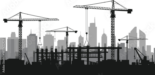 Urban construction site silhouette, multiple cranes and buildings in progress, illustrating development, infrastructure, and growing metropolitan areas, monochrome vector illustration.