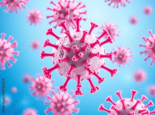 Microscopic Corona: A close-up depiction of microscopic coronavirus particles, showcasing the intricate detail of their structure against a vibrant, softly-lit backdrop.
