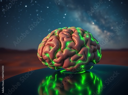 Brain Illuminated in the Cosmos: An imaginative view of a human brain aglow with vibrant energy, floating against the backdrop of the vast universe and a nebula.