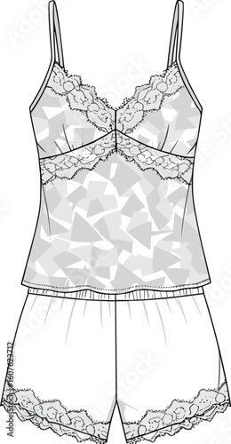 Women's delicate camisole and shorts pajama set, intricate lace trim details and subtle print, luxurious sleepwear CAD vector illustration for apparel design.