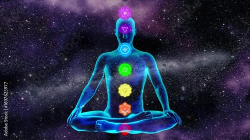 A yogi transparent body silhouette with seven animated chakras on the space galaxy background with moving stars