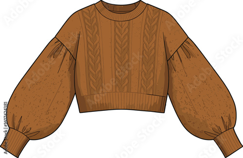 Cozy women's cable knit cropped sweater fashion flat sketch technical cad drawing, featuring voluminous balloon sleeves and ribbed cuffs, a must-have stylish autumn apparel design.